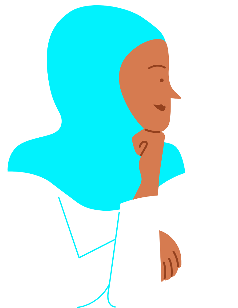 A line drawing of a Muslim woman of color with her chin resting on her fist. Looking towards the right.