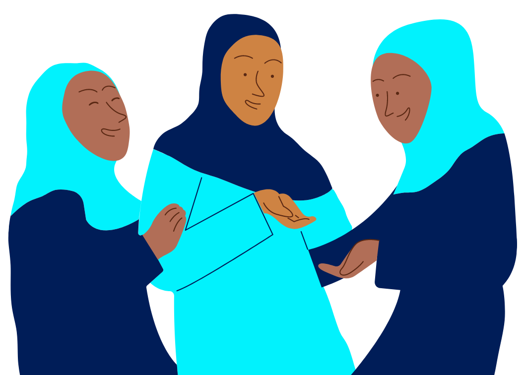 A line drawing of 3 Muslim women of color smiling and talking